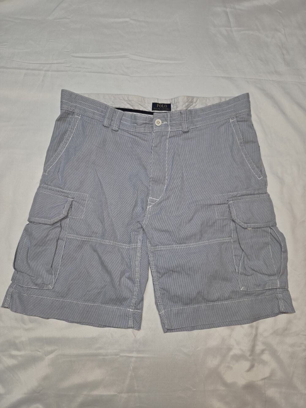 Polo Ralph Lauren Men's Classic Fit Cargo Shorts Seersucker Blue White Size 38